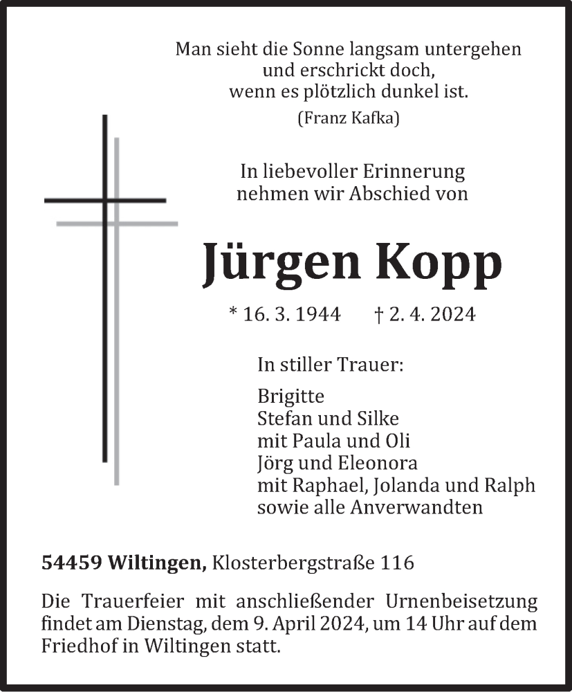  Traueranzeige für Jürgen Kopp vom 05.04.2024 aus trierischer_volksfreund