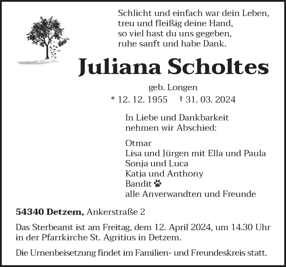  Traueranzeige für Juliana Scholtes vom 06.04.2024 aus trierischer_volksfreund
