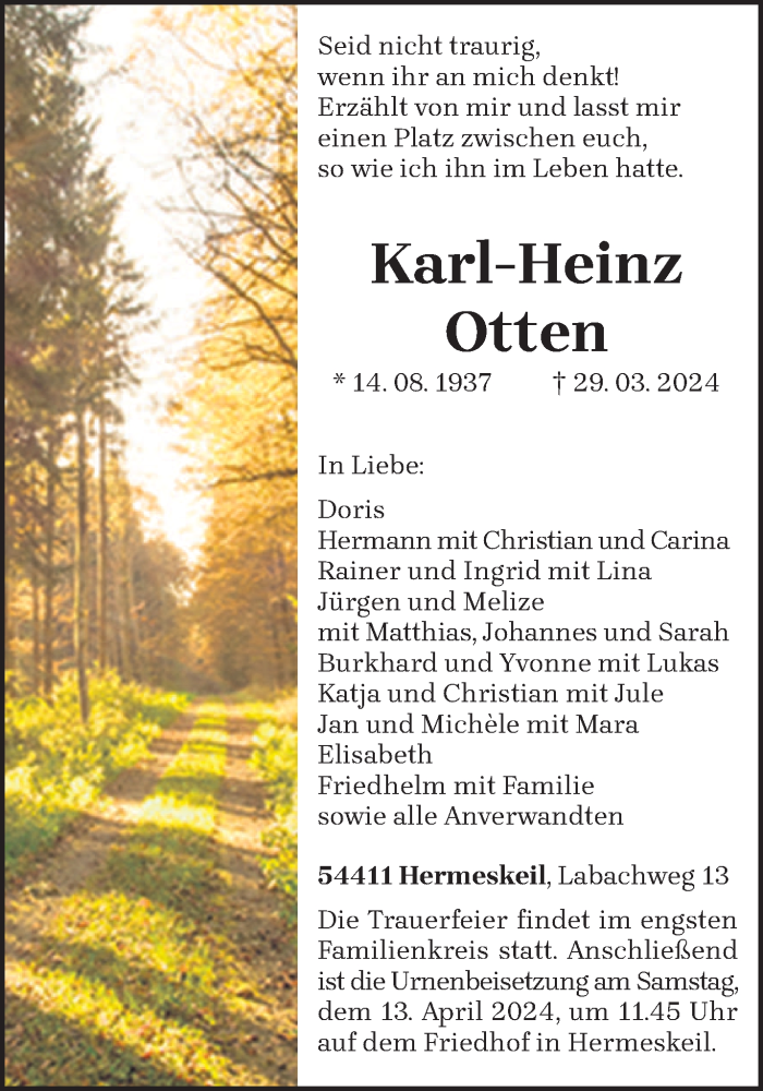  Traueranzeige für Karl-Heinz Otten vom 06.04.2024 aus trierischer_volksfreund