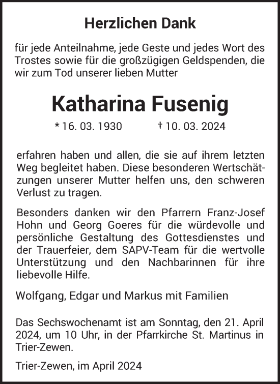 Traueranzeige von Katharina Fusenig von trierischer_volksfreund