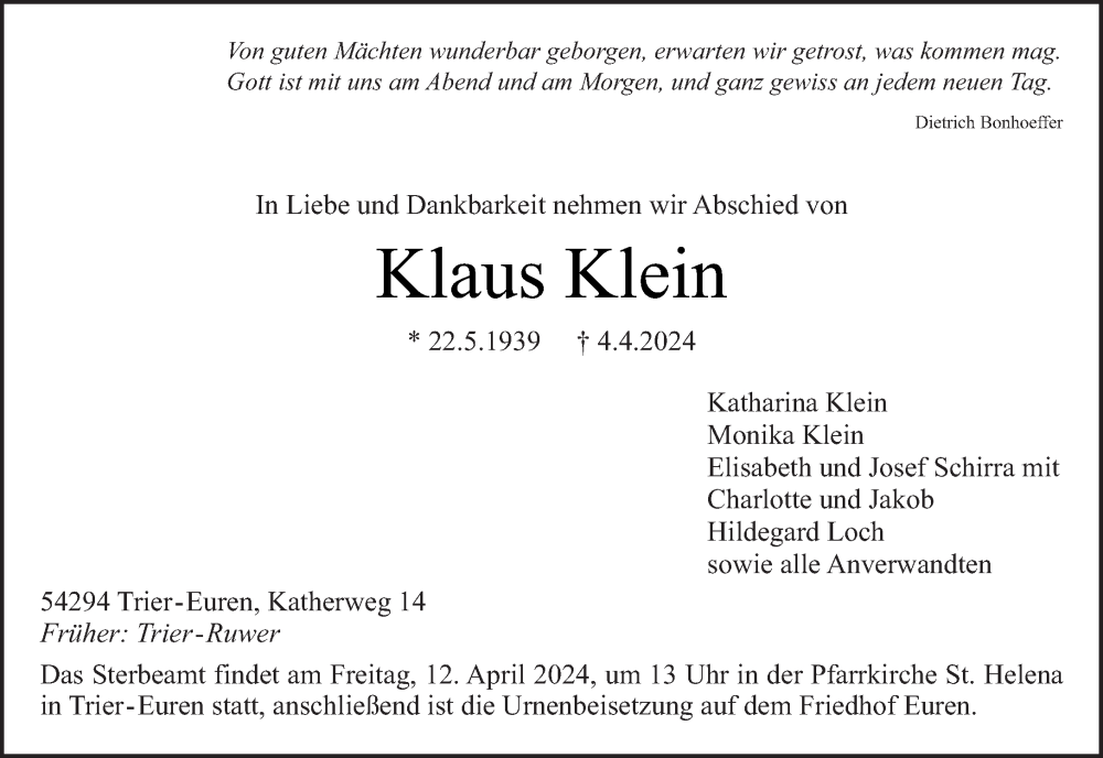  Traueranzeige für Klaus Klein vom 09.04.2024 aus trierischer_volksfreund