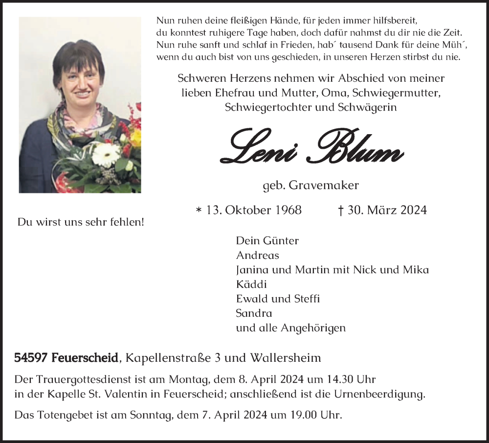  Traueranzeige für Leni Blum vom 03.04.2024 aus trierischer_volksfreund