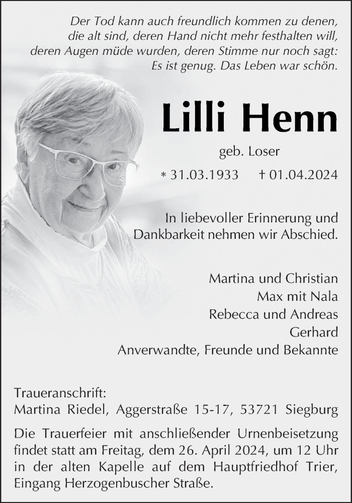  Traueranzeige für Lilli Henn vom 20.04.2024 aus trierischer_volksfreund