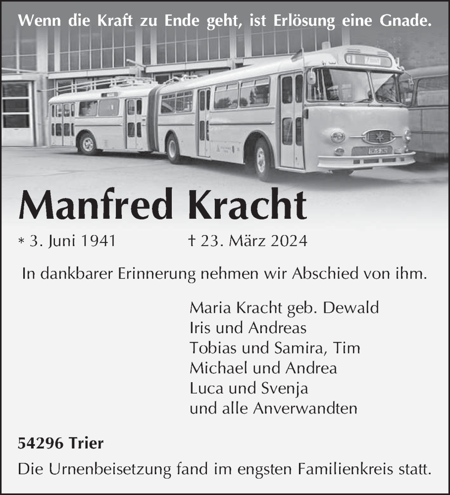  Traueranzeige für Manfred Kracht vom 06.04.2024 aus trierischer_volksfreund