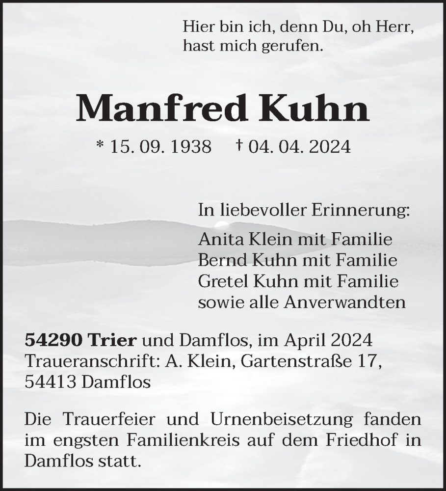  Traueranzeige für Manfred Kuhn vom 20.04.2024 aus trierischer_volksfreund