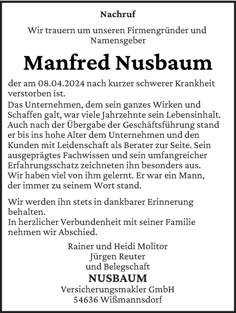  Traueranzeige für Manfred Nusbaum vom 13.04.2024 aus trierischer_volksfreund