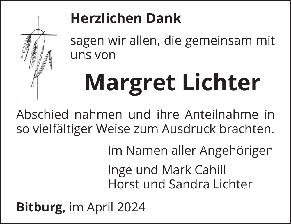  Traueranzeige für Margret Lichter vom 20.04.2024 aus trierischer_volksfreund
