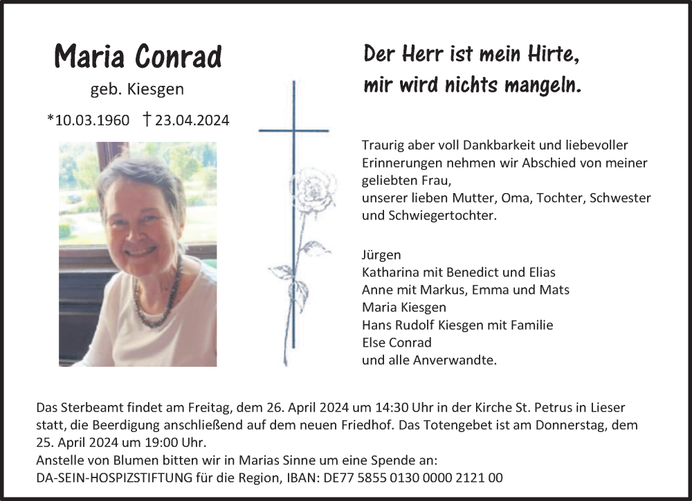  Traueranzeige für Maria Conrad vom 25.04.2024 aus trierischer_volksfreund