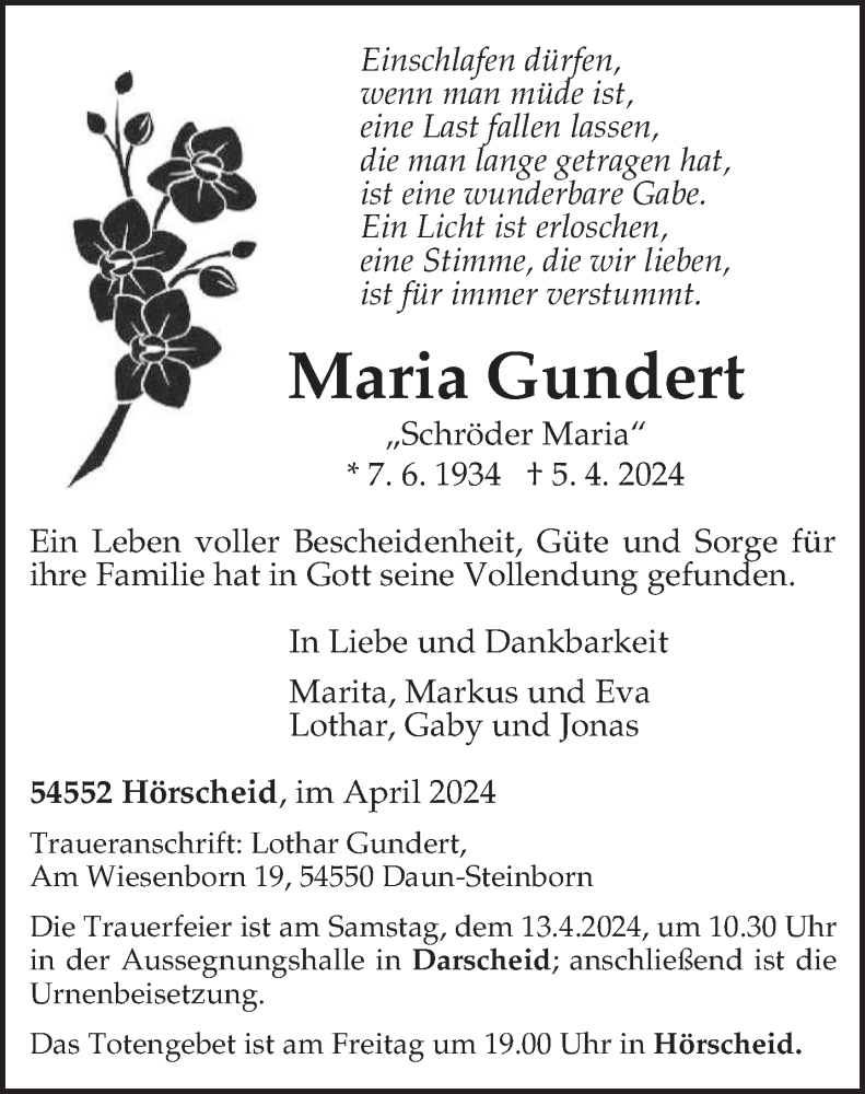  Traueranzeige für Maria Gundert vom 10.04.2024 aus trierischer_volksfreund