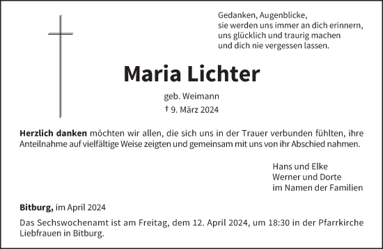Traueranzeige von Maria Lichter von trierischer_volksfreund