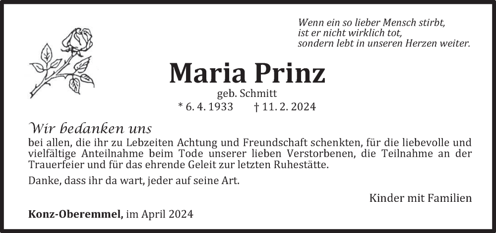  Traueranzeige für Maria Prinz vom 10.04.2024 aus trierischer_volksfreund