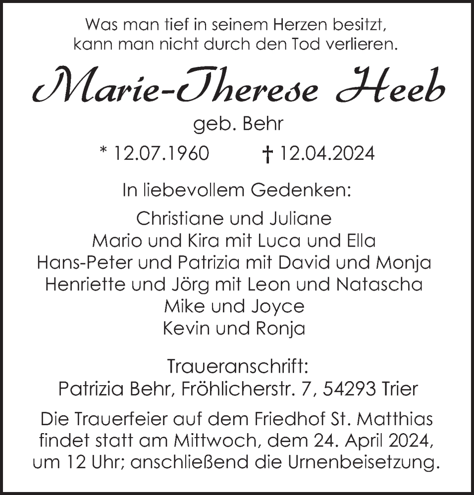  Traueranzeige für Marie-Therese Heeb vom 20.04.2024 aus trierischer_volksfreund