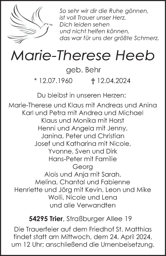Traueranzeige von Marie-Therese Heeb von trierischer_volksfreund