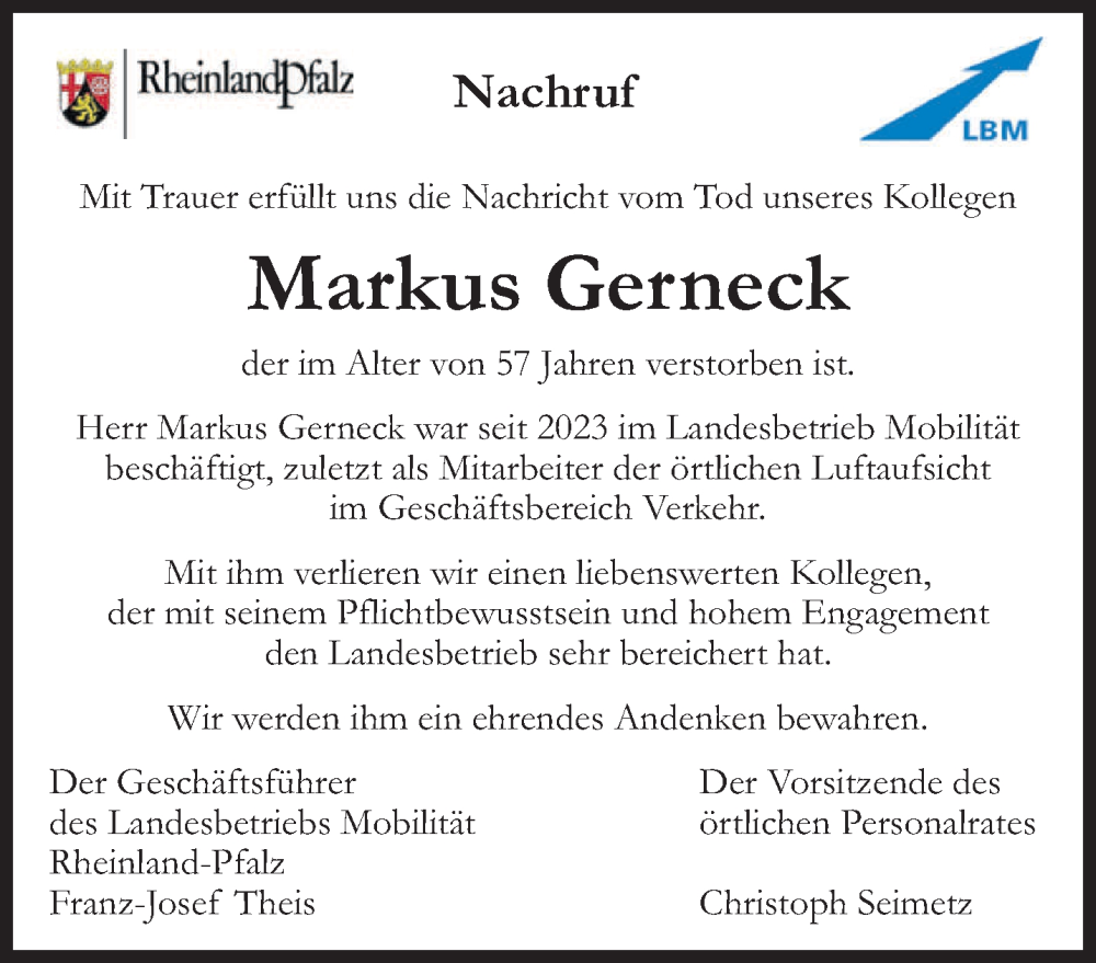  Traueranzeige für Markus Gerneck vom 13.04.2024 aus trierischer_volksfreund