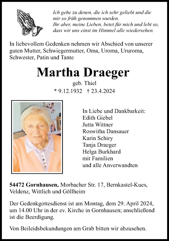  Traueranzeige für Martha Draeger vom 25.04.2024 aus trierischer_volksfreund