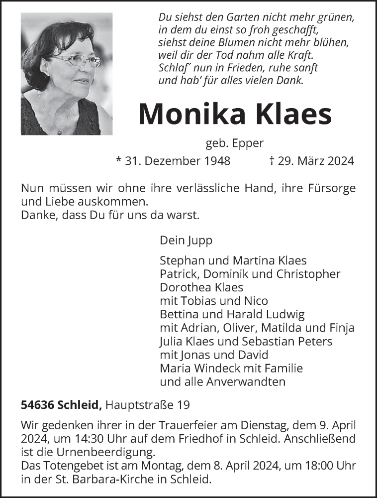  Traueranzeige für Monika Klaes vom 03.04.2024 aus trierischer_volksfreund
