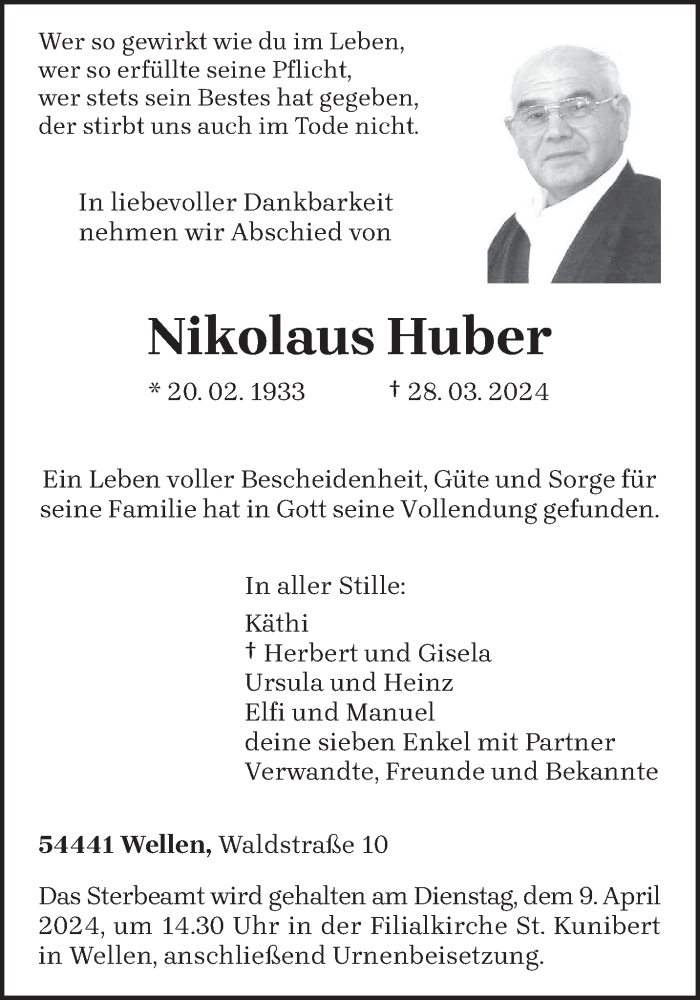  Traueranzeige für Nikolaus Huber vom 06.04.2024 aus trierischer_volksfreund