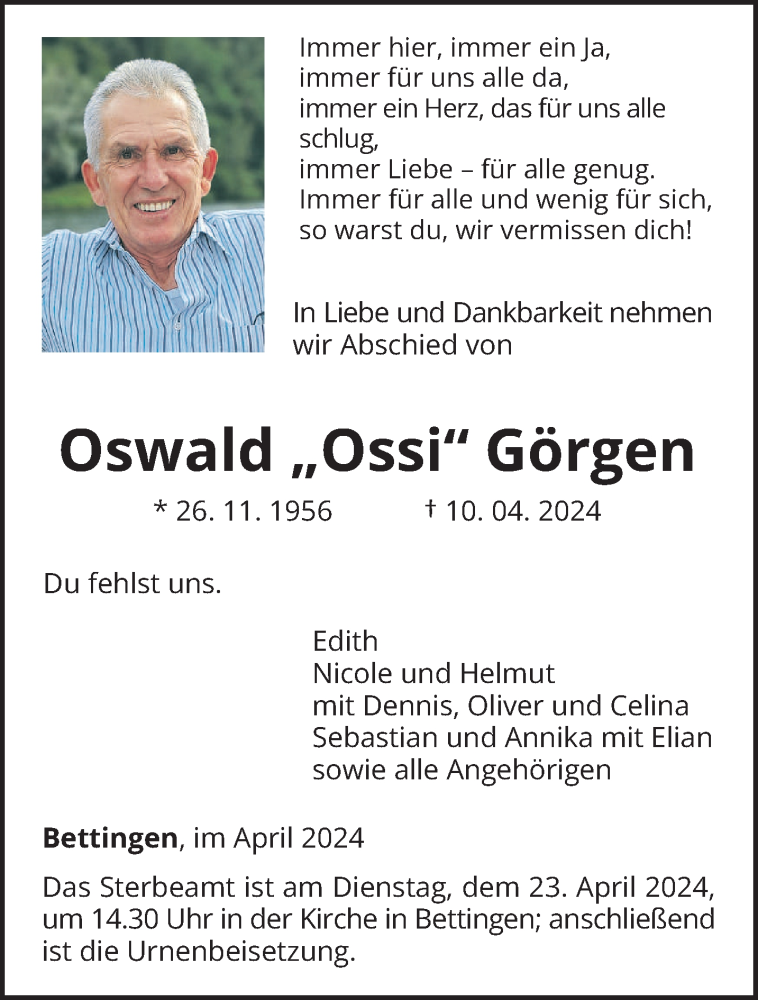  Traueranzeige für Oswald Görgen vom 20.04.2024 aus trierischer_volksfreund