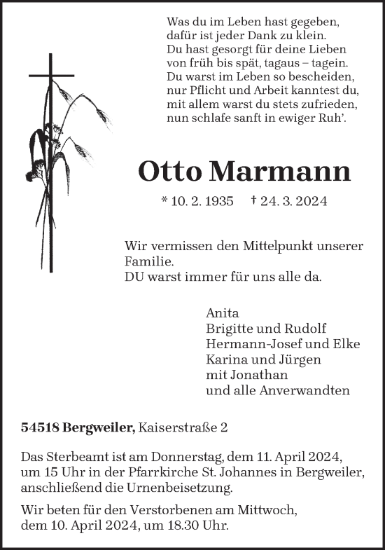 Traueranzeige von Otto Marmann von trierischer_volksfreund