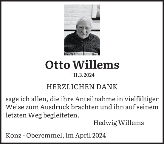 Traueranzeige von Otto Willems von trierischer_volksfreund