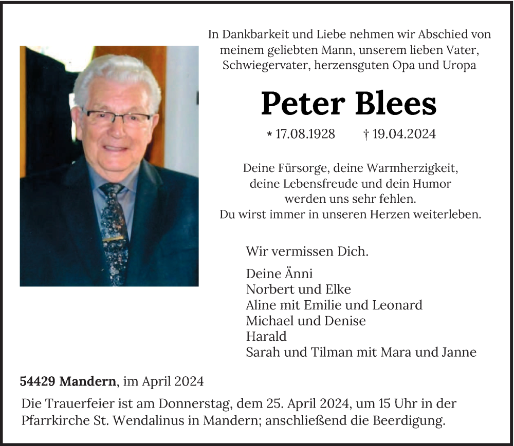  Traueranzeige für Peter Blees vom 23.04.2024 aus trierischer_volksfreund
