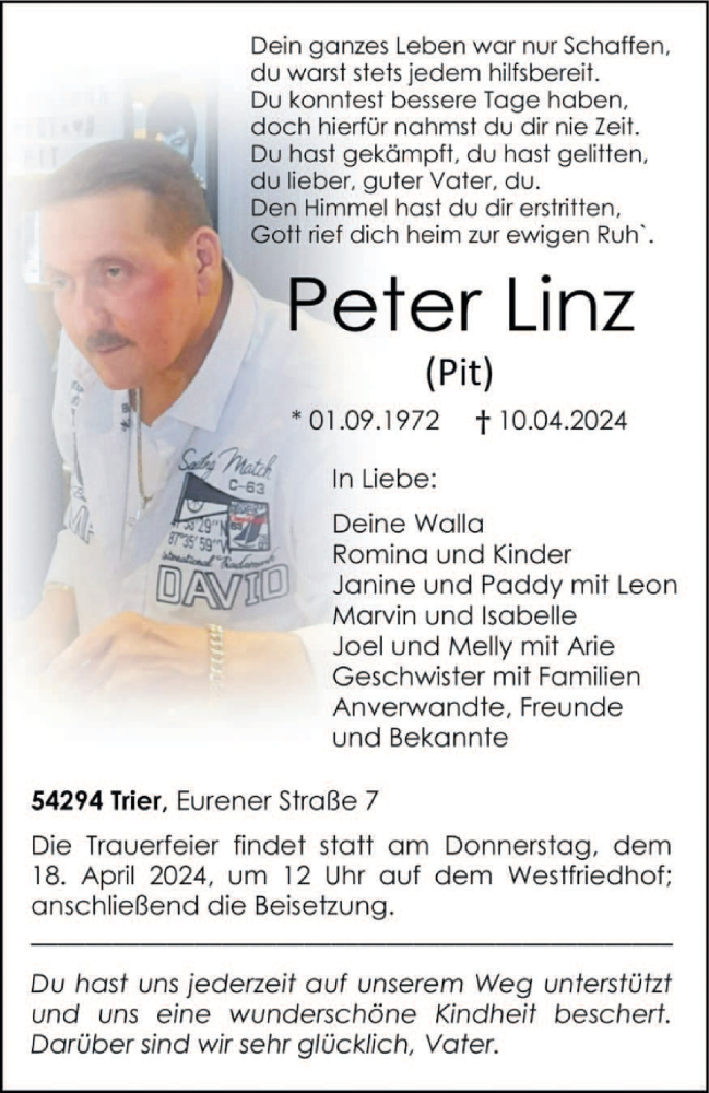  Traueranzeige für Peter Linz vom 13.04.2024 aus trierischer_volksfreund