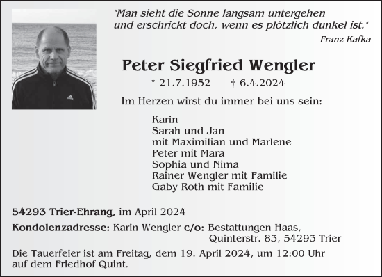 Traueranzeige von Peter Siegfried Wengler von trierischer_volksfreund