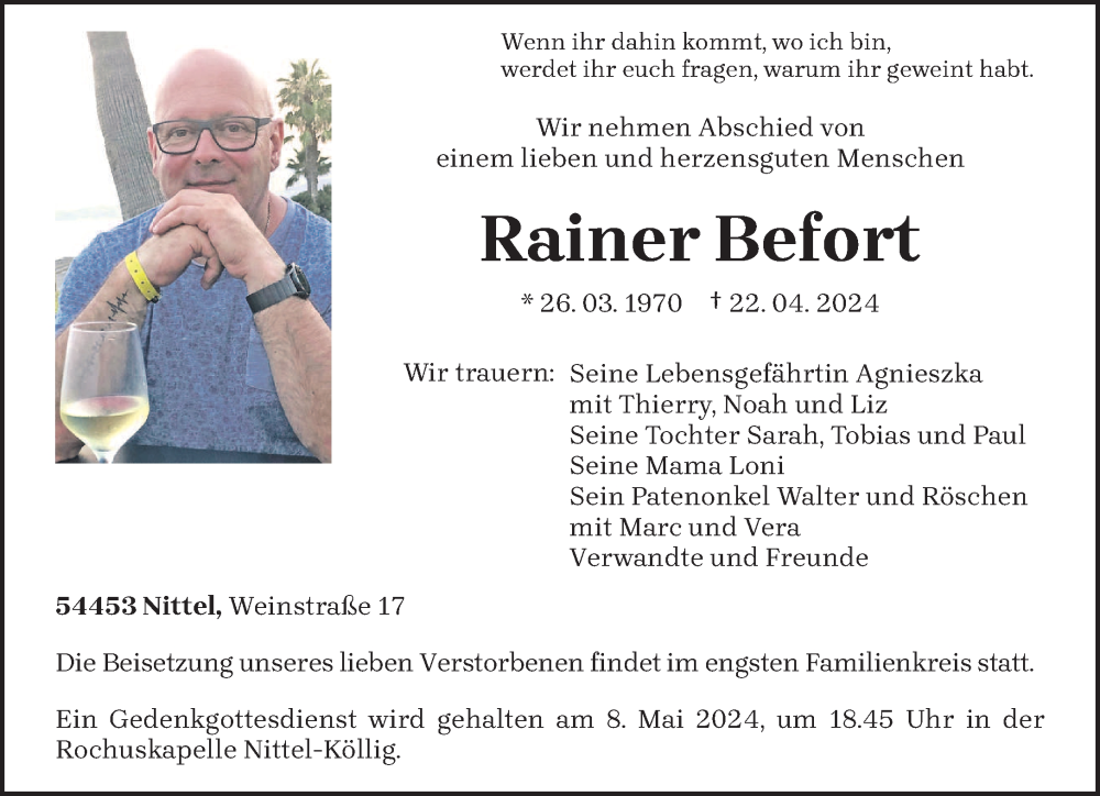  Traueranzeige für Rainer Befort vom 27.04.2024 aus trierischer_volksfreund