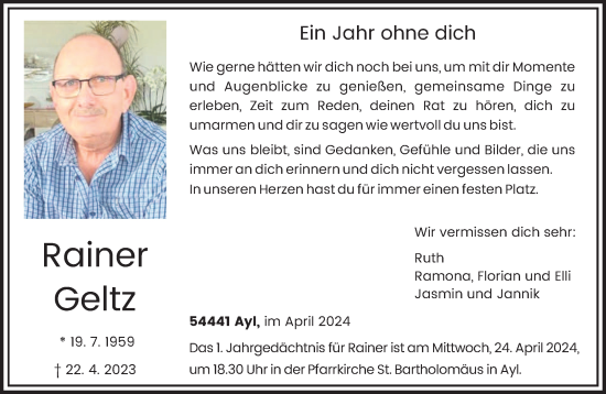 Traueranzeige von Rainer Geltz von trierischer_volksfreund
