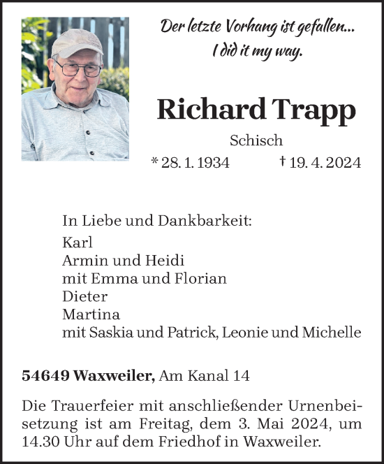 Traueranzeige von Richard Trapp von trierischer_volksfreund