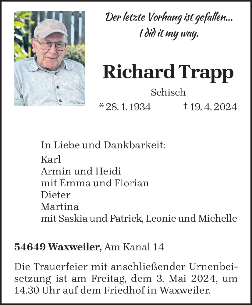  Traueranzeige für Richard Trapp vom 29.04.2024 aus trierischer_volksfreund
