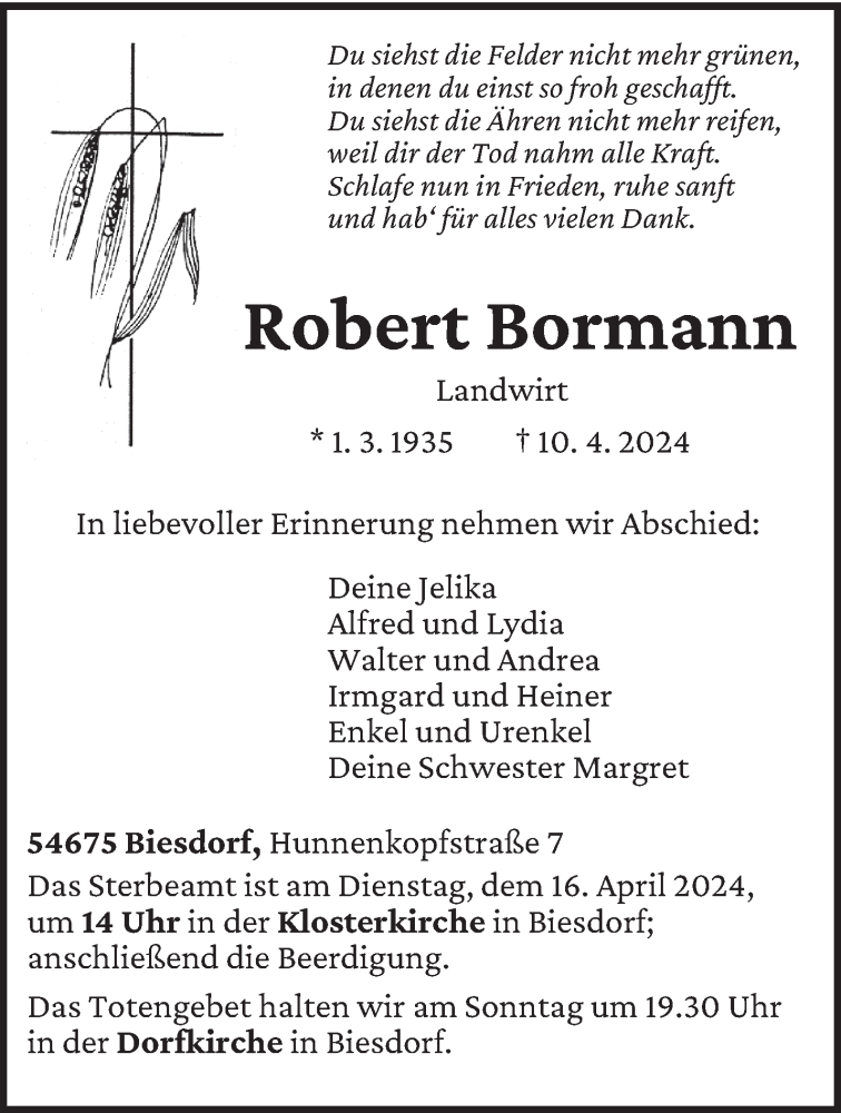  Traueranzeige für Robert Bormann vom 13.04.2024 aus trierischer_volksfreund