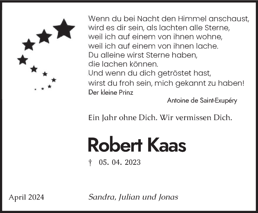 Traueranzeige für Robert Kaas vom 06.04.2024 aus trierischer_volksfreund