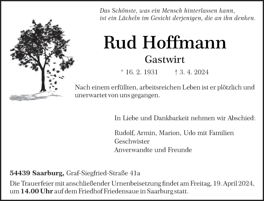  Traueranzeige für Rud Hoffmann vom 13.04.2024 aus trierischer_volksfreund