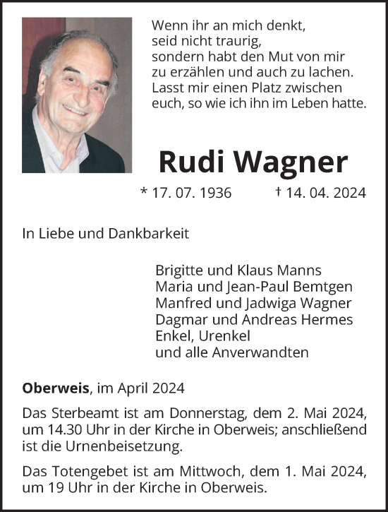 Traueranzeige von Rudi Wagner von trierischer_volksfreund