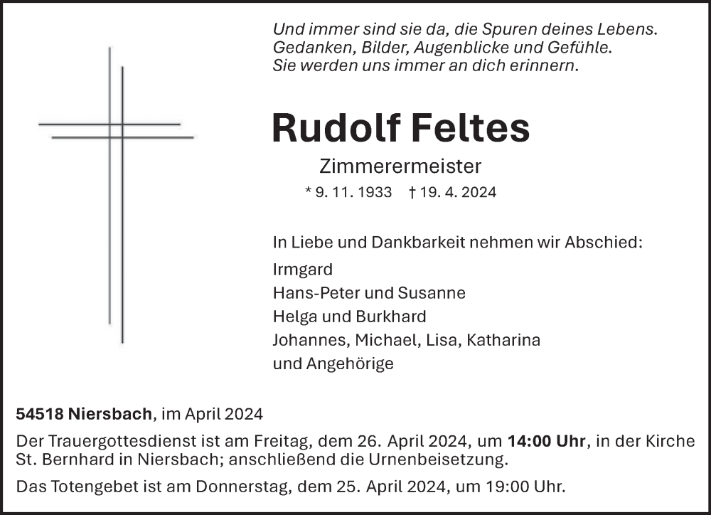  Traueranzeige für Rudolf Feltes vom 24.04.2024 aus trierischer_volksfreund