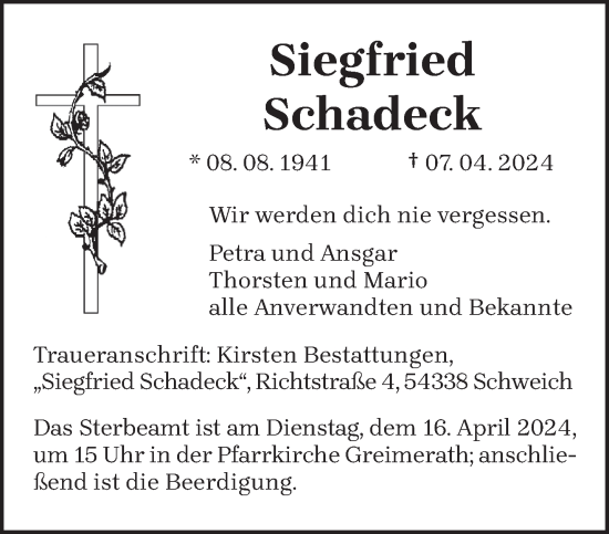 Traueranzeige von Siegfried Schadeck von trierischer_volksfreund