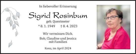 Traueranzeige von Sigrid Rosinbum von trierischer_volksfreund
