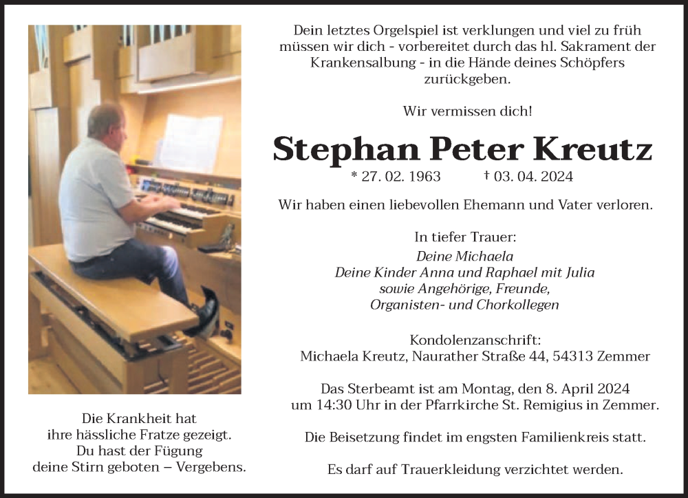  Traueranzeige für Stephan Peter Kreutz vom 06.04.2024 aus trierischer_volksfreund