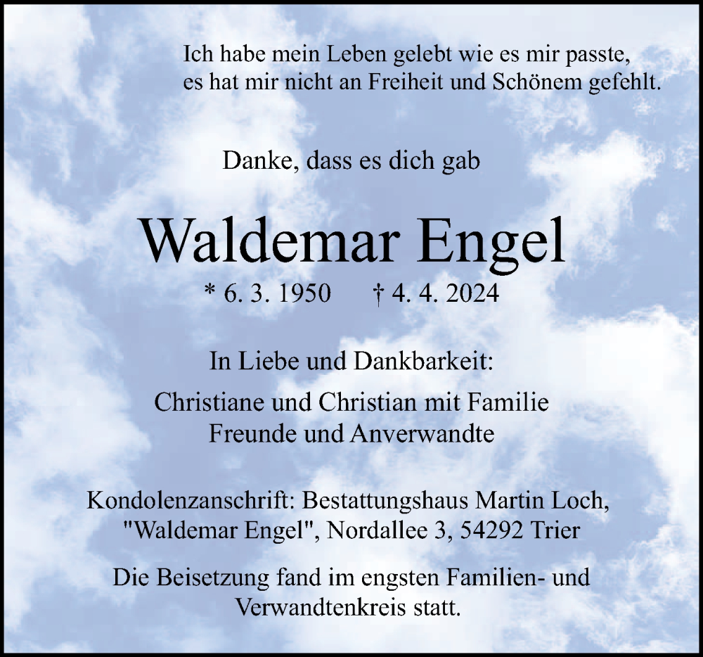  Traueranzeige für Waldemar Engel vom 20.04.2024 aus trierischer_volksfreund