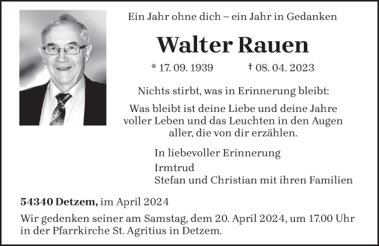 Traueranzeige von Walter Rauen von trierischer_volksfreund