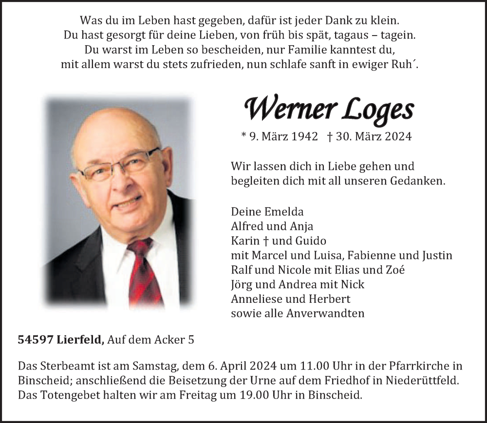  Traueranzeige für Werner Loges vom 04.04.2024 aus trierischer_volksfreund