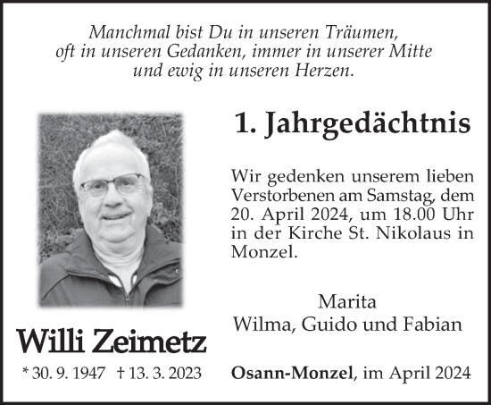 Traueranzeige von Willi Zeimetz von trierischer_volksfreund