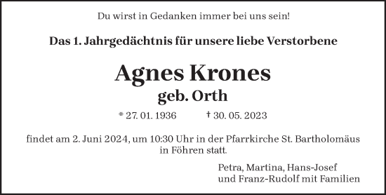 Traueranzeige von Agnes Krones von trierischer_volksfreund