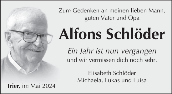 Traueranzeige von Alfons Schlöder von trierischer_volksfreund