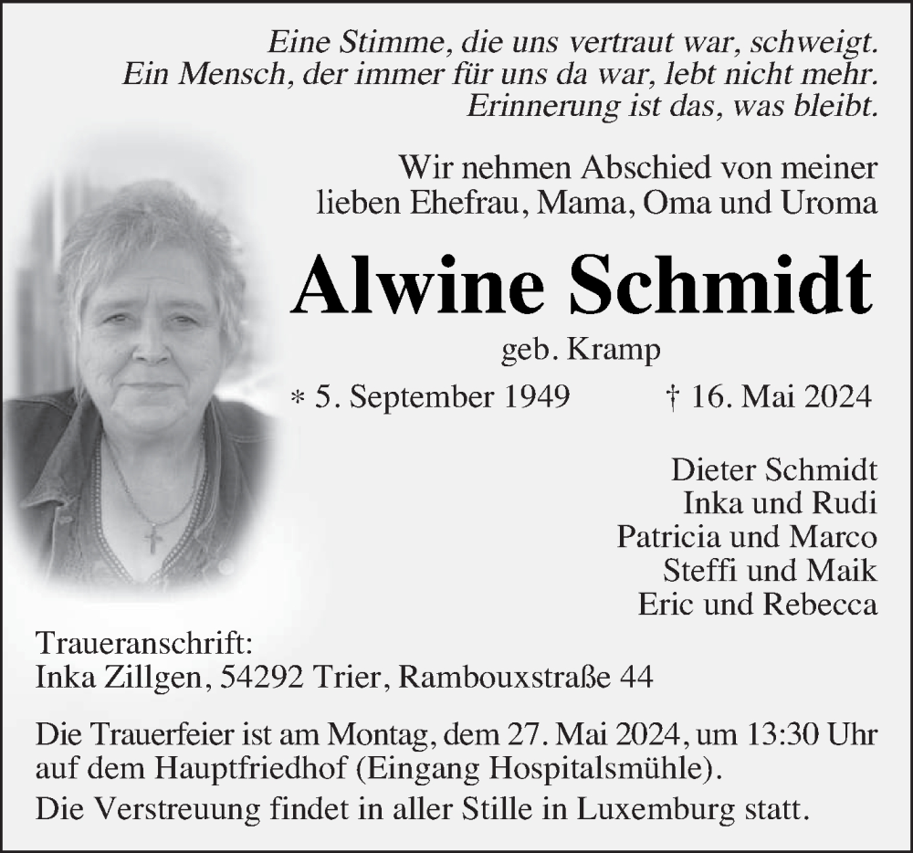  Traueranzeige für Alwine Schmidt vom 25.05.2024 aus trierischer_volksfreund