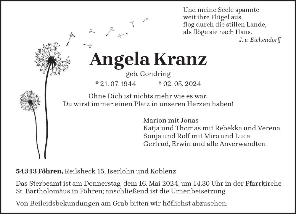  Traueranzeige für Angela Kranz vom 11.05.2024 aus trierischer_volksfreund
