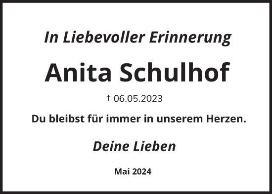 Traueranzeige von Anita Schulhof von trierischer_volksfreund