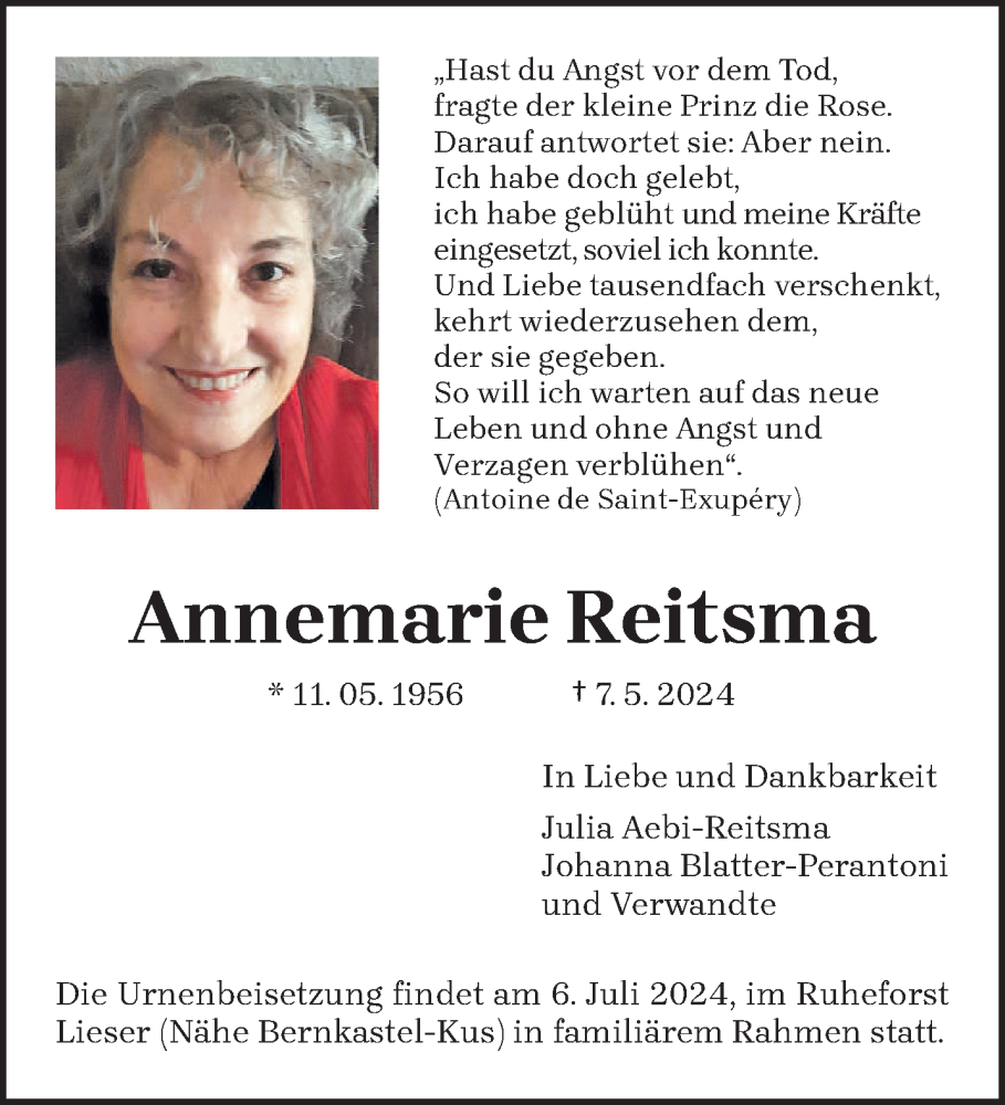  Traueranzeige für Annemarie Reitsma vom 10.05.2024 aus trierischer_volksfreund