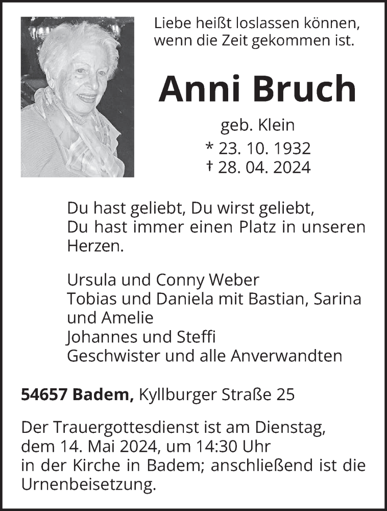  Traueranzeige für Anni Bruch vom 04.05.2024 aus trierischer_volksfreund